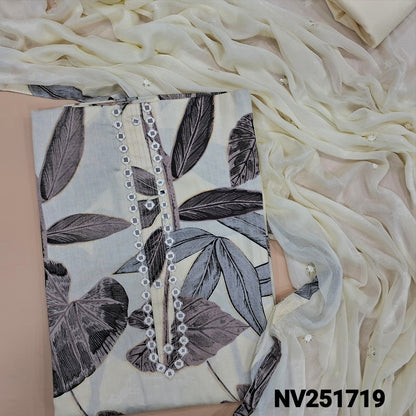 Half white digital printed premium satin cotton unstitched salwar material, real mirror detailing on yoke (Lining Needed) Matching spun cotton bottom, fancy chiffon dupatta with thread, sequins work and printed tapings. NV251719