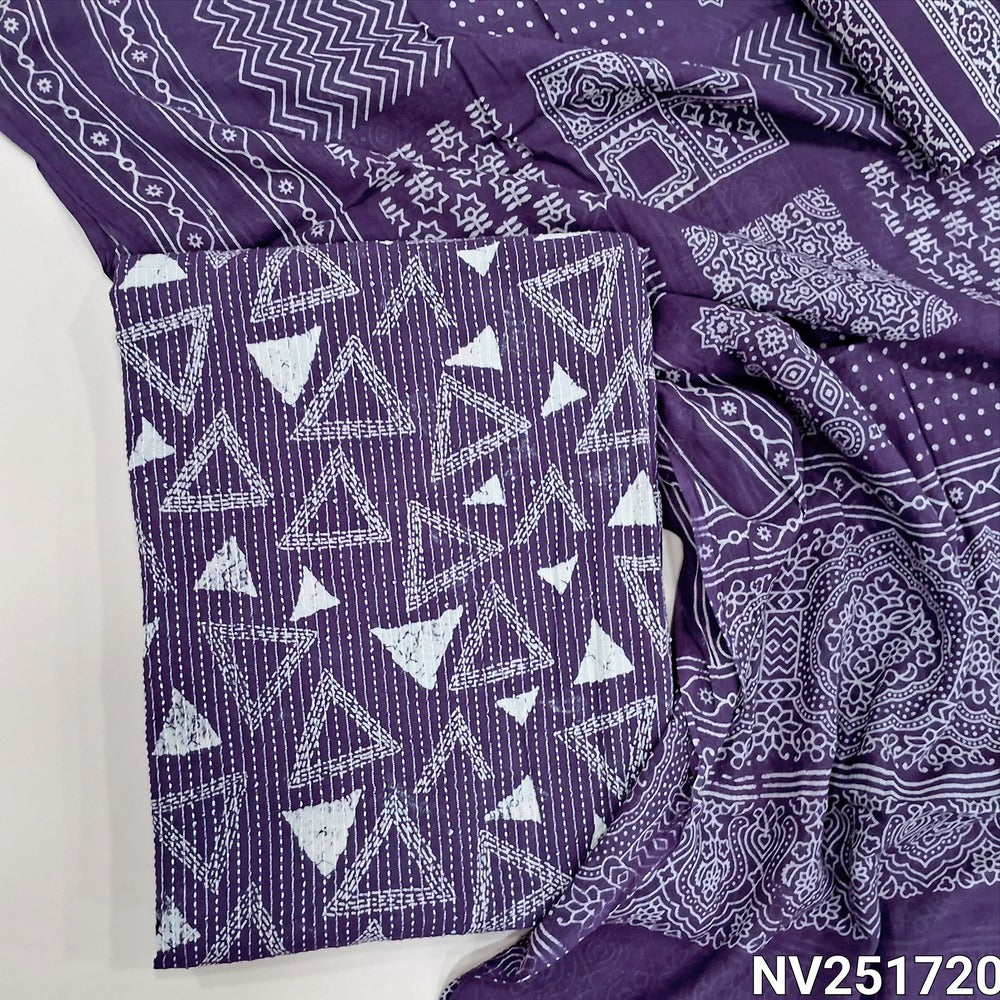 Purple pure kantha cotton unstitched salwar material, printed base with embroidery all over (Lining Optional) Printed cotton bottom and printed mul cotton dupatta (TAPINGS NEEDED). NV251720