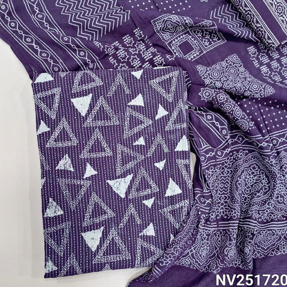 Purple pure kantha cotton unstitched salwar material, printed base with embroidery all over (Lining Optional) Printed cotton bottom and printed mul cotton dupatta (TAPINGS NEEDED). NV251720