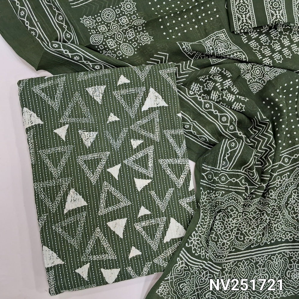 Olive green pure kantha cotton unstitched salwar material, printed base with embroidery all over (Lining Optional) Printed cotton bottom and printed mul cotton dupatta (TAPINGS NEEDED). NV251723