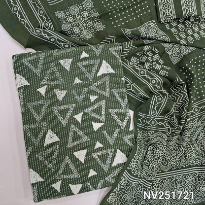 Olive green pure kantha cotton unstitched salwar material, printed base with embroidery all over (Lining Optional) Printed cotton bottom and printed mul cotton dupatta (TAPINGS NEEDED). NV251723