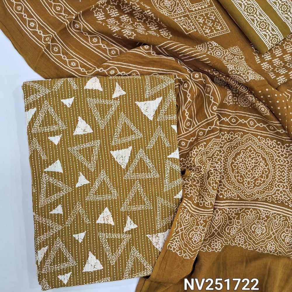 Mehandi yellow pure kantha cotton unstitched salwar material, printed base with embroidery all over (Lining Optional) Printed cotton bottom and printed mul cotton dupatta (TAPINGS NEEDED). NV251722