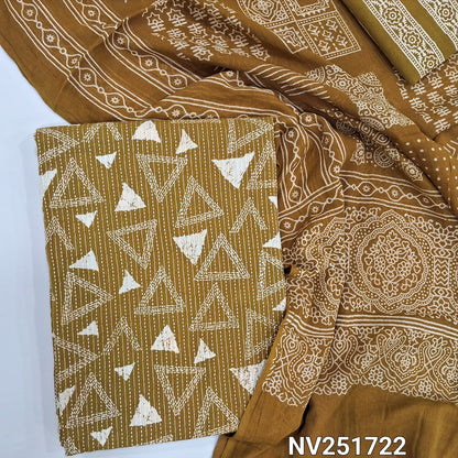 Mehandi yellow pure kantha cotton unstitched salwar material, printed base with embroidery all over (Lining Optional) Printed cotton bottom and printed mul cotton dupatta (TAPINGS NEEDED). NV251722