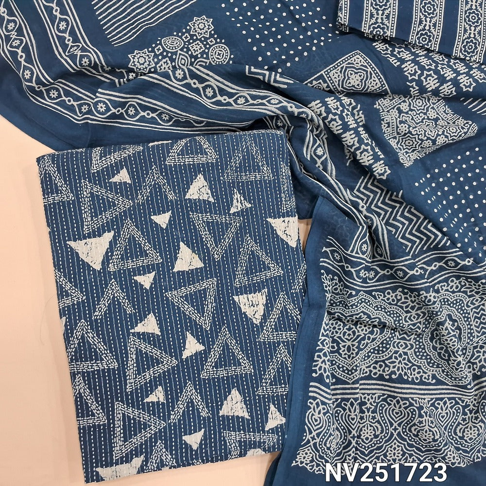 Teal Blue pure kantha cotton unstitched salwar material, printed base with embroidery all over (Lining Optional) Printed cotton bottom and printed mul cotton dupatta (TAPINGS NEEDED). NV251721