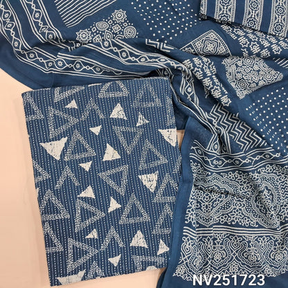 Teal Blue pure kantha cotton unstitched salwar material, printed base with embroidery all over (Lining Optional) Printed cotton bottom and printed mul cotton dupatta (TAPINGS NEEDED). NV251721