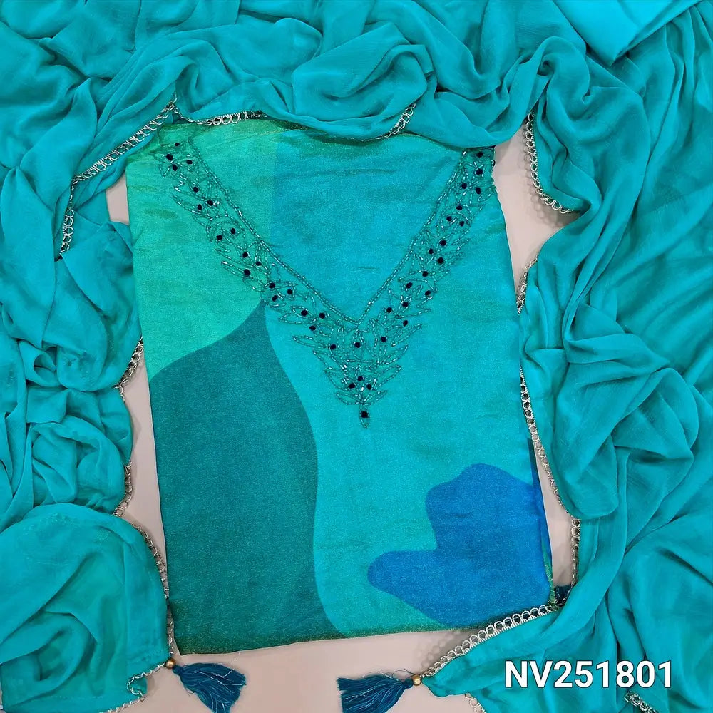 Blue Premium tissue silk Printed unstitched salwar material, V neck with cut bead work (Silky, shiny, Lining Needed) Printed Santoon Bottom, Premium chiffon dupatta with lace tapings. NV251802