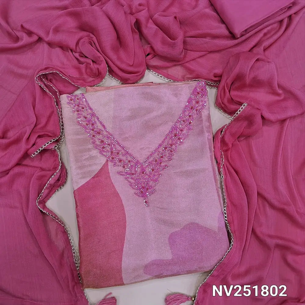 Pink Premium tissue silk Printed unstitched salwar material, V neck with cut bead work (Silky, shiny, Lining Needed) Printed Santoon Bottom, Premium chiffon dupatta with lace tapings. NV251801