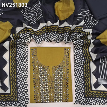 Light mehandhi yellow premium cotton unstitched salwar material, machine embroidery& foil work on yoke(lining optional)black cotton bottom, printed pure mul cotton full length dupatta. NV251703