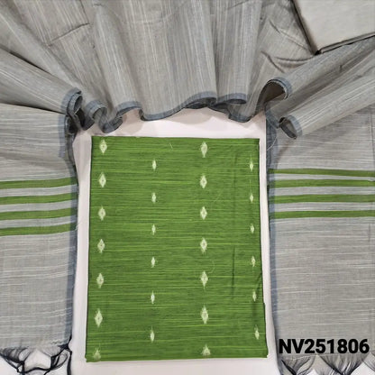 Mossy Green slub silk cotton unstitched salwar material, zari woven buttas all over (Weaving pattern might vary slightly, lining needed) beige silk cotton bottom, dupatta with striped pallu. NV251806