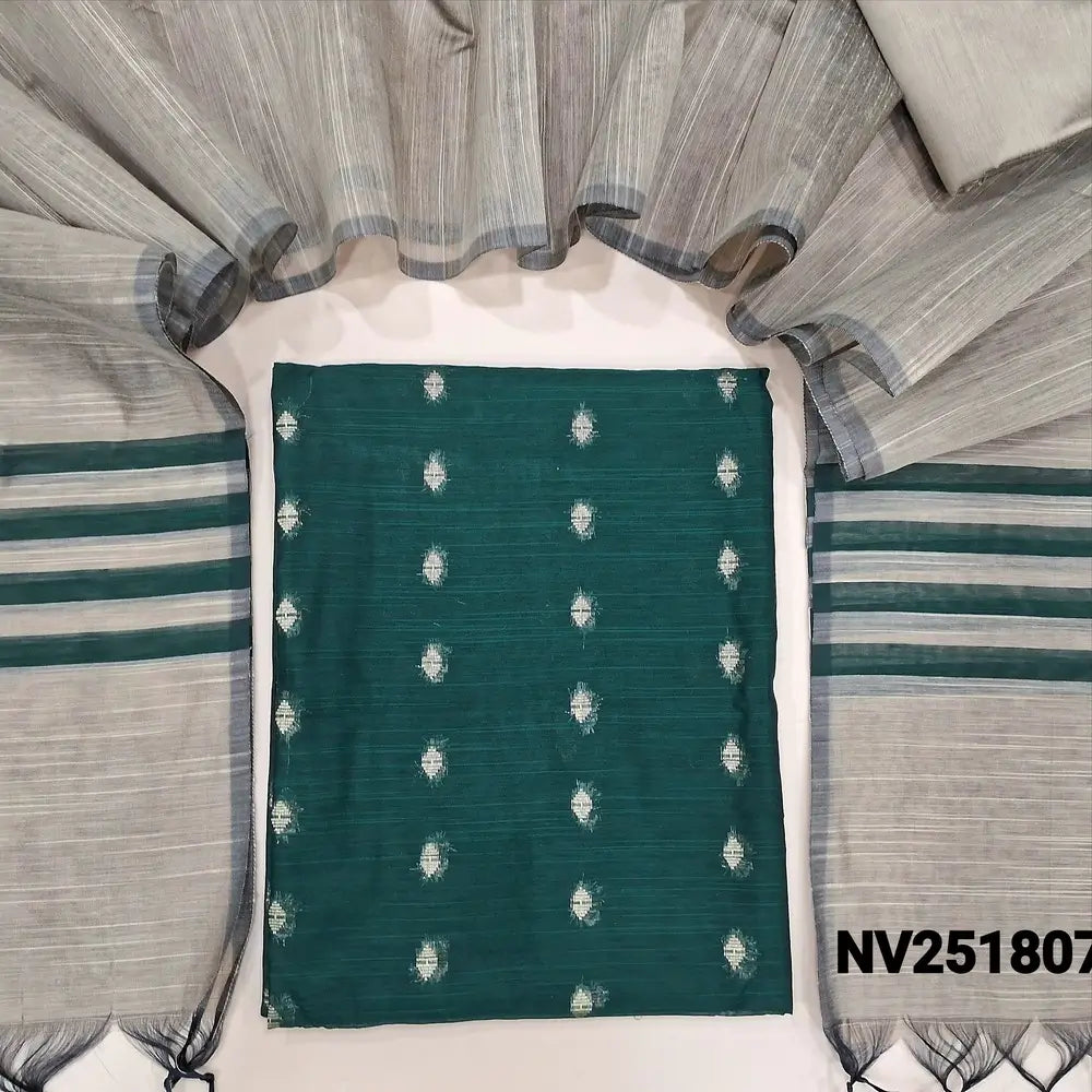 Dark Green slub silk cotton unstitched salwar material, zari woven buttas all over (Weaving pattern might vary slightly, lining needed) beige silk cotton bottom, dupatta with striped pallu. NV251807