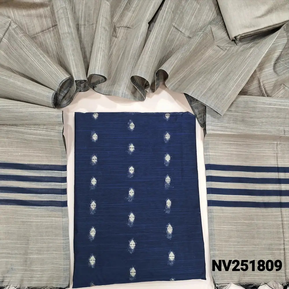 Dark Blue slub silk cotton unstitched salwar material, zari woven buttas all over (Weaving pattern might vary slightly, lining needed) beige silk cotton bottom, dupatta with striped pallu. NV251809