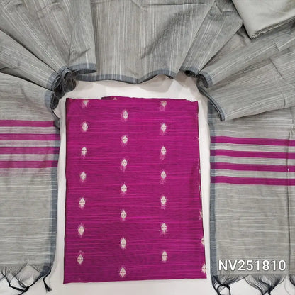 Rani Pink slub silk cotton unstitched salwar material, zari woven buttas all over (Weaving pattern might vary slightly, lining needed) beige silk cotton bottom, dupatta with striped pallu. NV251810