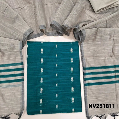 Dark teal green slub silk cotton unstitched salwar material, zari woven buttas all over (Weaving pattern might vary slightly, lining needed) beige silk cotton bottom, dupatta with striped pallu. NV251811