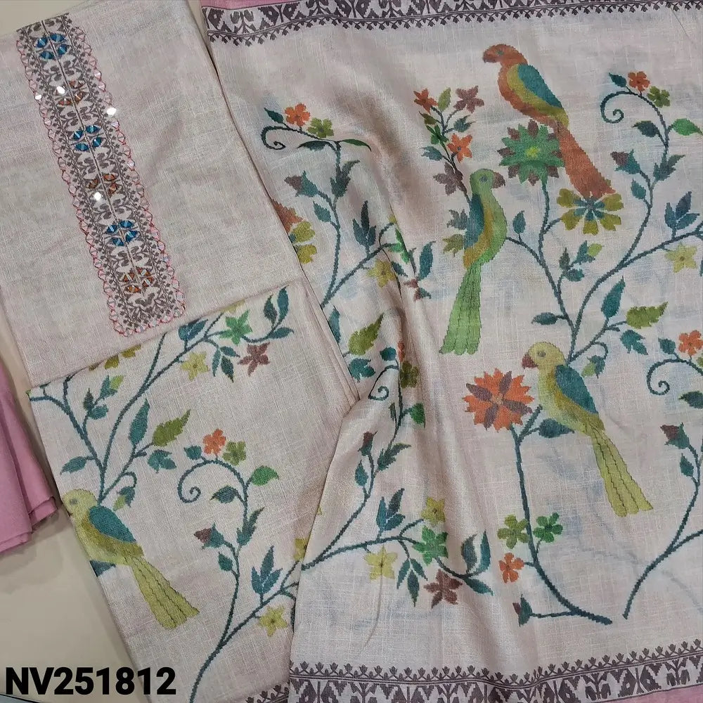 Pale Pink premium soft tissue silk cotton unstitched salwar material, real mirror and thread detailing on yoke (Shiny, Lining Needed) Printed Daman, Pink santoon bottom, Digital printed tissue silk cotton dupatta. NV251812