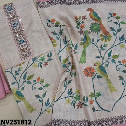 Pale Pink premium soft tissue silk cotton unstitched salwar material, real mirror and thread detailing on yoke (Shiny, Lining Needed) Printed Daman, Pink santoon bottom, Digital printed tissue silk cotton dupatta. NV251812