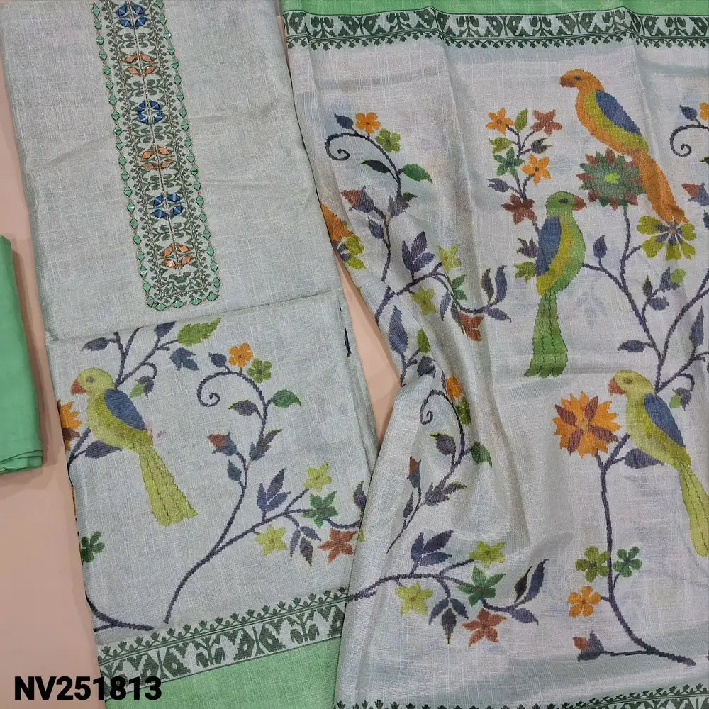 Pale Green premium soft tissue silk cotton unstitched salwar material, real mirror and thread detailing on yoke (Shiny, Lining Needed) Printed Daman, Green santoon bottom, Digital printed tissue silk cotton dupatta. NV251813