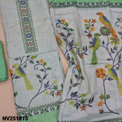 Pale Green premium soft tissue silk cotton unstitched salwar material, real mirror and thread detailing on yoke (Shiny, Lining Needed) Printed Daman, Green santoon bottom, Digital printed tissue silk cotton dupatta. NV251813