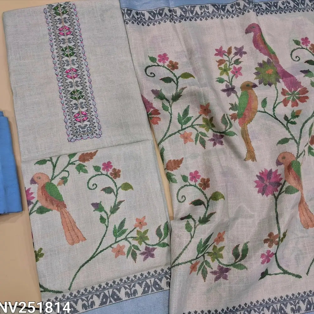 Pale Blue premium soft tissue silk cotton unstitched salwar material, real mirror and thread detailing on yoke (Shiny, Lining Needed) Printed Daman, Blue santoon bottom, Digital printed tissue silk cotton dupatta. NV251814