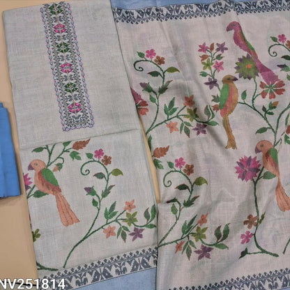 Pale Blue premium soft tissue silk cotton unstitched salwar material, real mirror and thread detailing on yoke (Shiny, Lining Needed) Printed Daman, Blue santoon bottom, Digital printed tissue silk cotton dupatta. NV251814