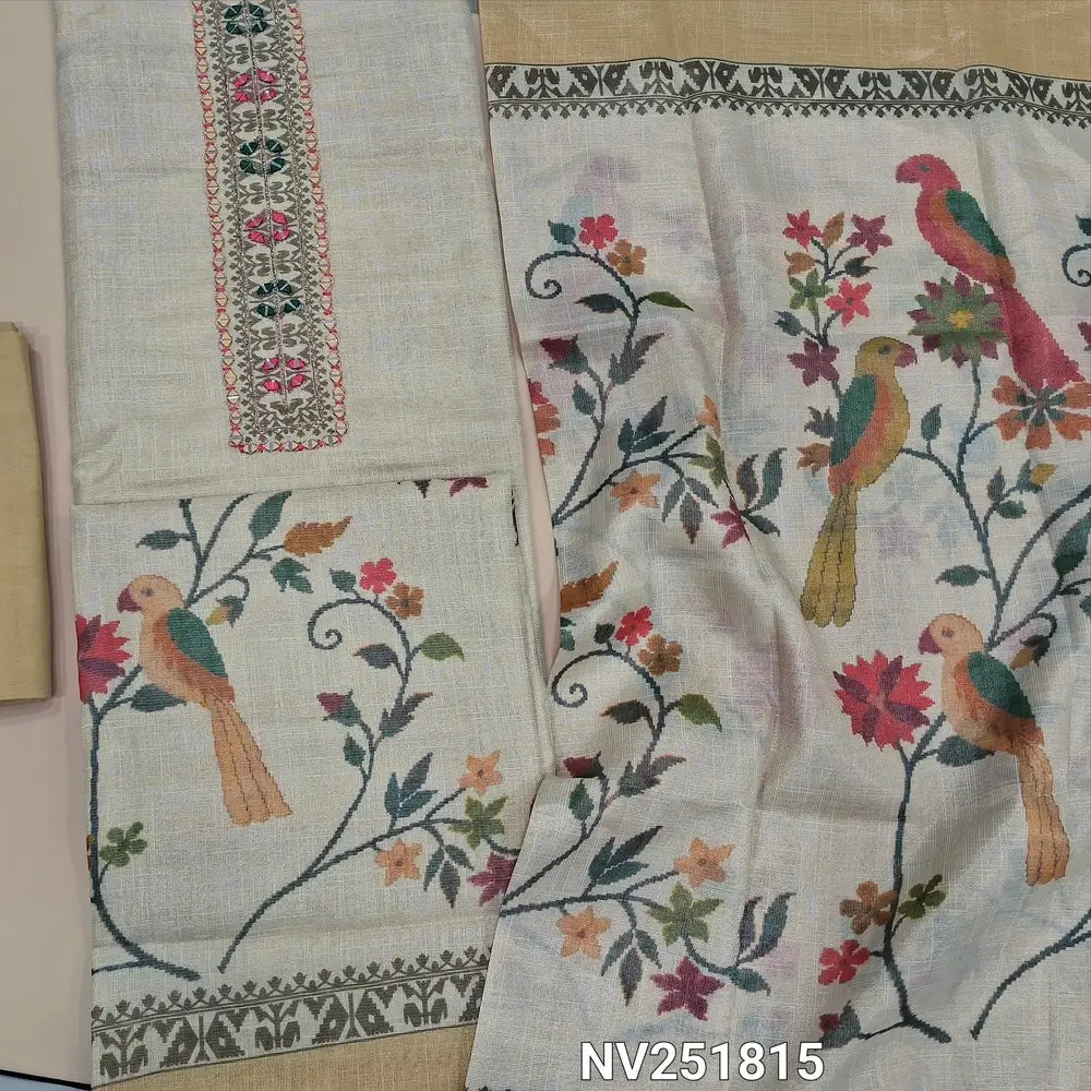 Beige premium soft tissue silk cotton unstitched salwar material, real mirror and thread detailing on yoke (Shiny, Lining Needed) Printed Daman, Beige santoon bottom, Digital printed tissue silk cotton dupatta. NV251815