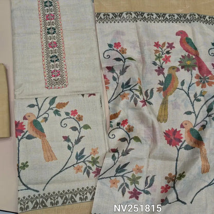 Beige premium soft tissue silk cotton unstitched salwar material, real mirror and thread detailing on yoke (Shiny, Lining Needed) Printed Daman, Beige santoon bottom, Digital printed tissue silk cotton dupatta. NV251815