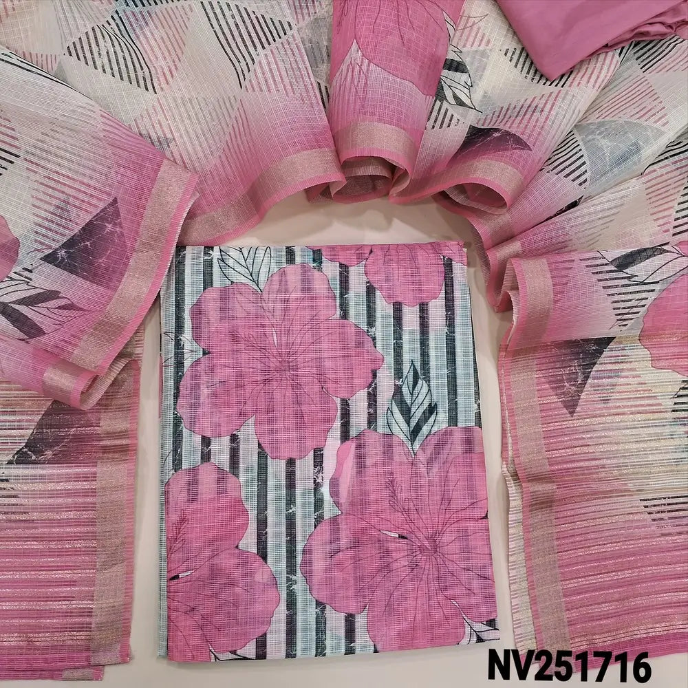 Black and off-white fancy kota silk cotton printed unstitched salwar material (Thin, Lining Needed) Contrast Pastel pink silky bottom, fancy kota silk cotton printed dupatta with borders. NV251816