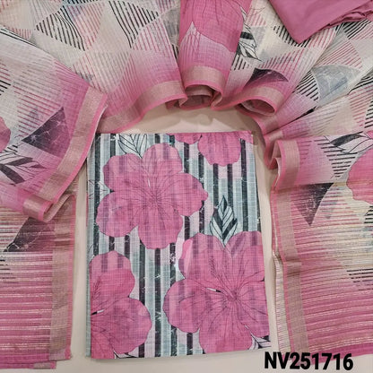 Black and off-white fancy kota silk cotton printed unstitched salwar material (Thin, Lining Needed) Contrast Pastel pink silky bottom, fancy kota silk cotton printed dupatta with borders. NV251816