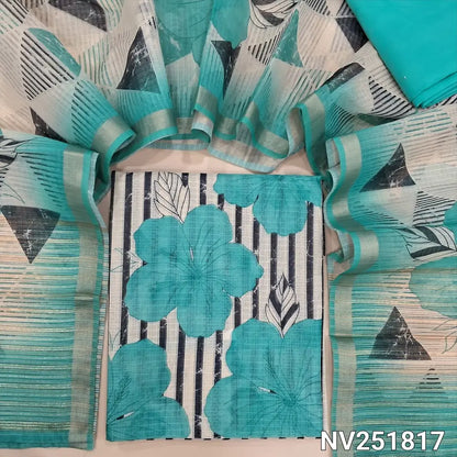 Black and off-white fancy kota silk cotton printed unstitched salwar material (Thin, Lining Needed) Contrast Turquoise blue silky bottom, fancy kota silk cotton printed dupatta with borders. NV251817