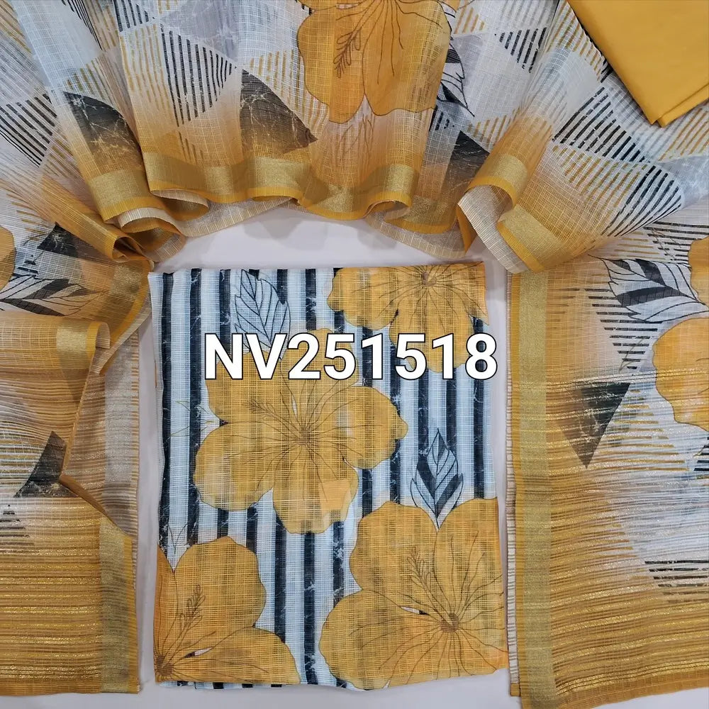 Black and off-white fancy kota silk cotton printed unstitched salwar material (Thin, Lining Needed) Contrast yellow silky bottom, fancy kota silk cotton printed dupatta with borders. NV251818