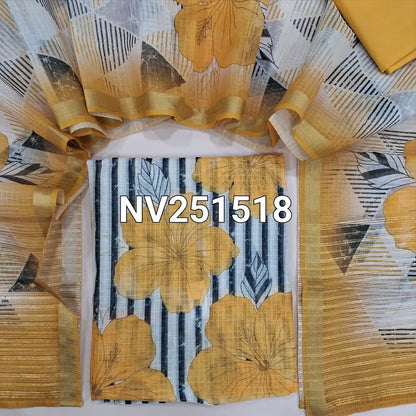 Black and off-white fancy kota silk cotton printed unstitched salwar material (Thin, Lining Needed) Contrast yellow silky bottom, fancy kota silk cotton printed dupatta with borders. NV251818