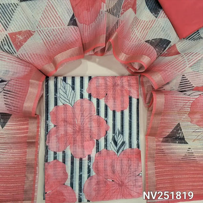 Black and off-white fancy kota silk cotton printed unstitched salwar material (Thin, Lining Needed) Contrast dark peachish pink silky bottom, fancy kota silk cotton printed dupatta with borders. NV251819