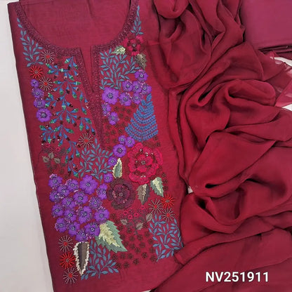 Dark maroon premium silk cotton unstitched salwar material,embroidery and handmade bead work on yoke(thin,lining needed) santoon bottom,pure chiffon dupatta with contrast tapings. NV251911