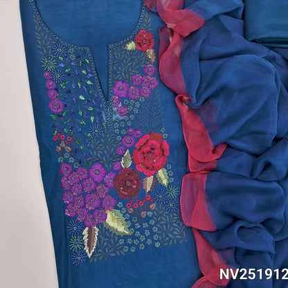 Royal blue premium silk cotton unstitched salwar material,embroidery and handmade bead work on yoke(thin,lining needed) santoon bottom,pure chiffon dupatta with contrast tapings. NV251912