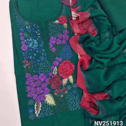 Bottle Green premium silk cotton unstitched salwar material,embroidery and handmade bead work on yoke(thin,lining needed) santoon bottom,pure chiffon dupatta with contrast tapings. NV251913