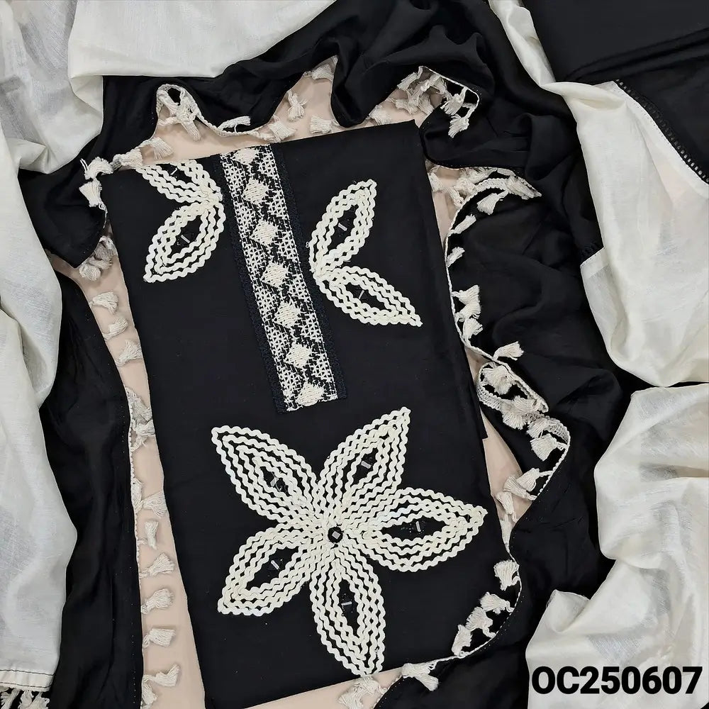 Black liquid fabric unstitched salwar material, real mirror, lace floral design on front (Lining Needed) matching bottom, soft silk cotton dupatta with crochet work and tapings. OC250607