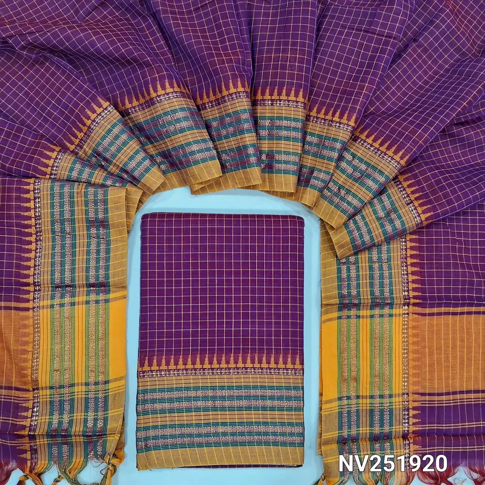 Purple Dual Shaded south mercerized handloom cotton unstitched salwar material(thin, lining needed) checked allover with contrast traditional thread woven border, bottom included with top, checked mercerized handloom cotton dupatta with tassels. NV251920