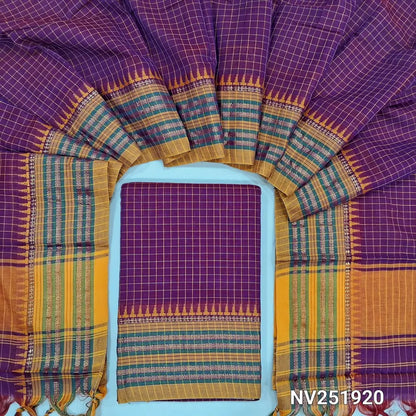 Purple Dual Shaded south mercerized handloom cotton unstitched salwar material(thin, lining needed) checked allover with contrast traditional thread woven border, bottom included with top, checked mercerized handloom cotton dupatta with tassels. NV251920