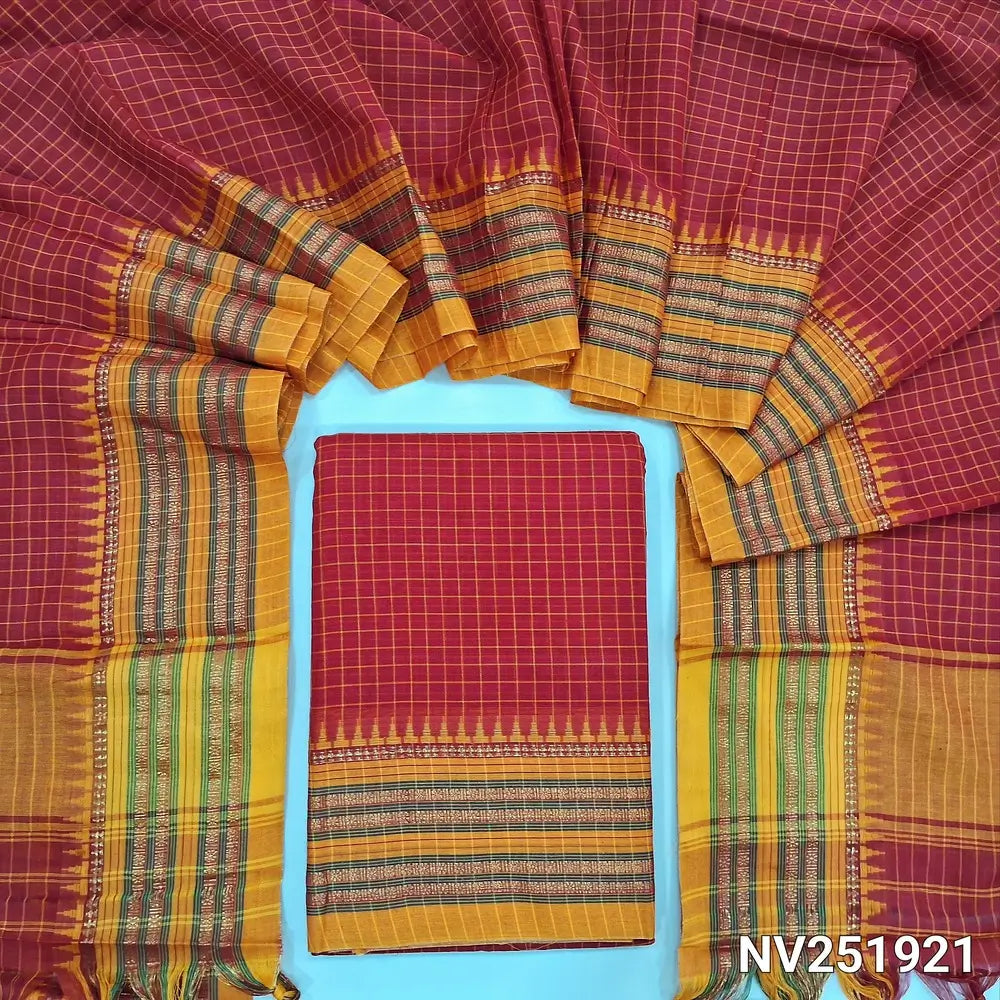 Red Dual Shaded south mercerized handloom cotton unstitched salwar material(thin, lining needed) checked allover with contrast traditional thread woven border, bottom included with top, checked mercerized handloom cotton dupatta with tassels. NV251921