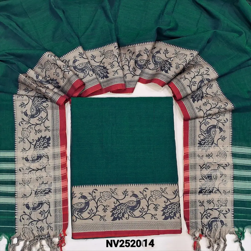 Bottle green south mercerized handloom cotton unstitched salwar material(thin, lining needed) with contrast peacock thread woven border, bottom included with top, mercerized handloom cotton dupatta with thread woven borders & tassels. NV252014