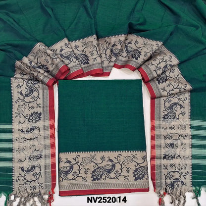 Bottle green south mercerized handloom cotton unstitched salwar material(thin, lining needed) with contrast peacock thread woven border, bottom included with top, mercerized handloom cotton dupatta with thread woven borders & tassels. NV252014