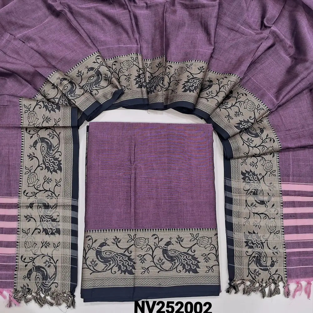 Dark mauve south mercerized handloom cotton unstitched salwar material(thin, lining needed) with contrast peacock thread woven border, bottom included with top, mercerized handloom cotton dupatta with thread woven borders & tassels. NV252002