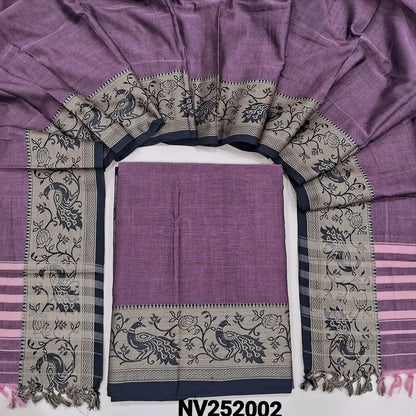 Dark mauve south mercerized handloom cotton unstitched salwar material(thin, lining needed) with contrast peacock thread woven border, bottom included with top, mercerized handloom cotton dupatta with thread woven borders & tassels. NV252002