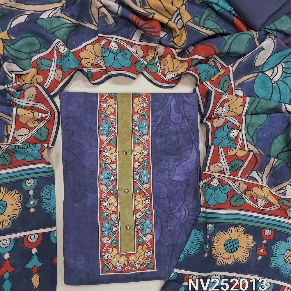 Dark bluish purple pure muslin silk unstitched salwar material,(lining needed) contrast yoke with kantha stitch and sequins,kalamkari printed all over, spun cotton bottom, bright floral printed short width muslin silk dupatta. NV252013