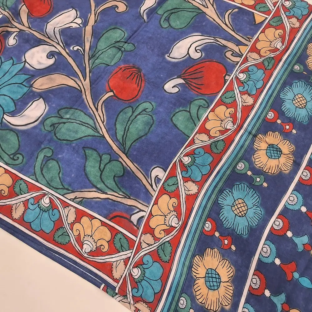 Dark bluish purple pure muslin silk unstitched salwar material,(lining needed) contrast yoke with kantha stitch and sequins,kalamkari printed all over, spun cotton bottom, bright floral printed short width muslin silk dupatta. NV252013