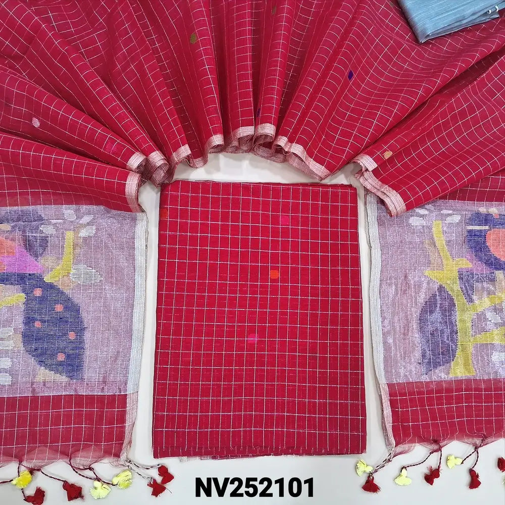Bright Red muslin jamdani unstitched salwar material, hand woven design& zari checks all over(thin, lining needed)silver grey silk cotton bottom, muslin jamdani full length dupatta with zari checks& rich paithani weaning pallu. NV252101