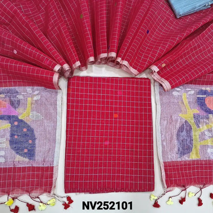 Bright Red muslin jamdani unstitched salwar material, hand woven design& zari checks all over(thin, lining needed)silver grey silk cotton bottom, muslin jamdani full length dupatta with zari checks& rich paithani weaning pallu. NV252101
