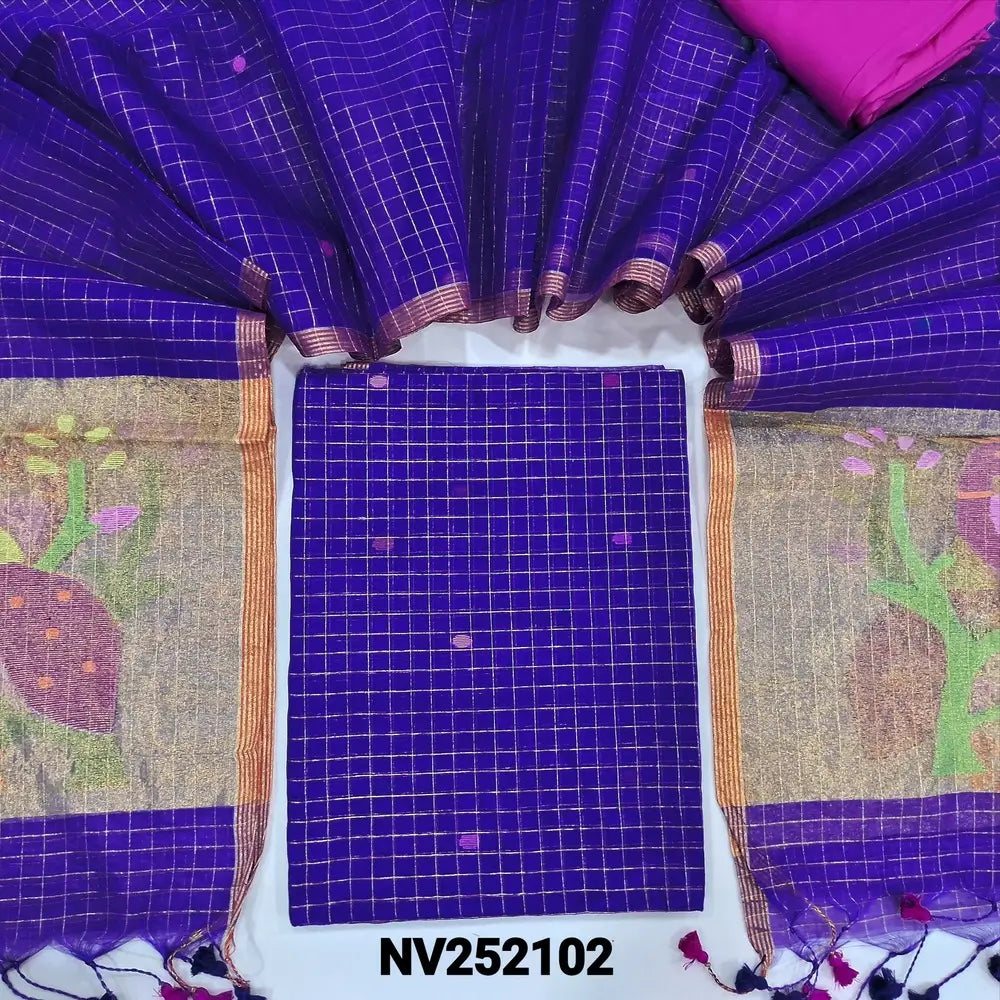 Royal Blue designer muslin jamdani unstitched salwar material, hand woven design& zari checks all over(thin, lining needed)bright pink spun cotton, muslin jamdani full length dupatta with zari checks& rich paithani weaning pallu. NV252102
