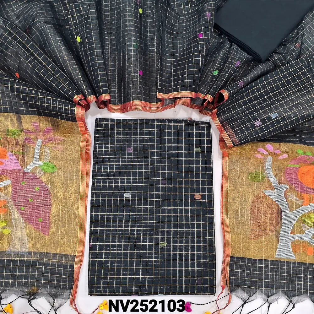 Black designer muslin jamdani unstitched salwar material, hand woven design& zari checks all over(thin, lining needed)black cotton bottom , muslin jamdani full length dupatta with zari checks& rich paithani weaning pallu.NV252103