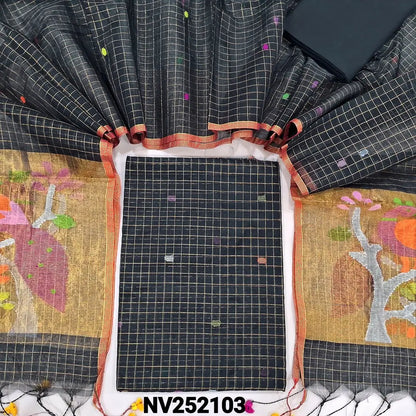 Black designer muslin jamdani unstitched salwar material, hand woven design& zari checks all over(thin, lining needed)black cotton bottom , muslin jamdani full length dupatta with zari checks& rich paithani weaning pallu.NV252103