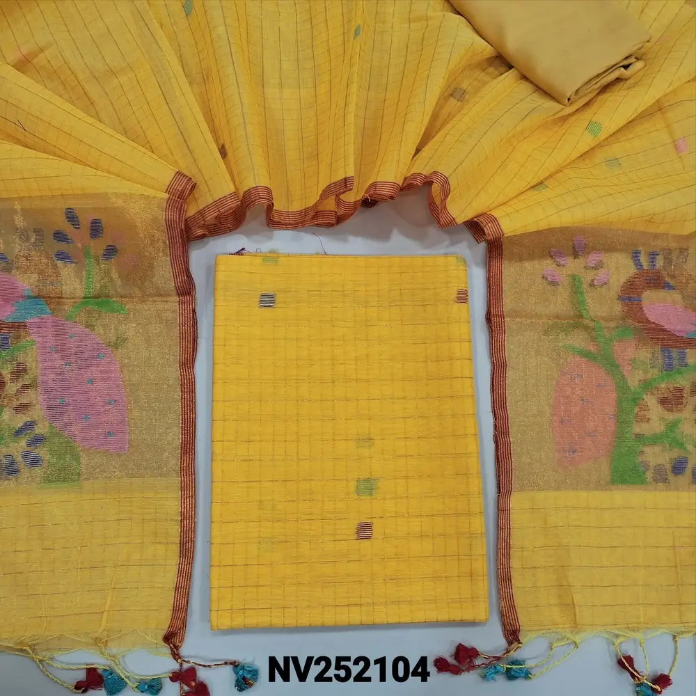 sunshine Yellow designer muslin jamdani unstitched salwar material, hand woven design& zari checks all over(thin, lining needed)matching santoon bottom, muslin jamdani full length dupatta with zari checks& rich paithani weaning pallu. NV252104